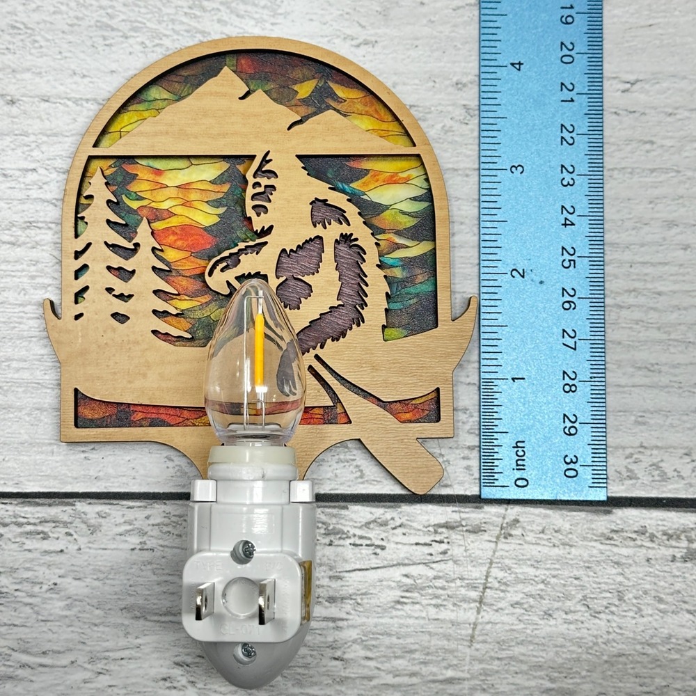 Bigfoot Sasquatch Canoe Wood Night Light Stained Glass Style Cabin Decor Plug-In - Picture 4 of 8